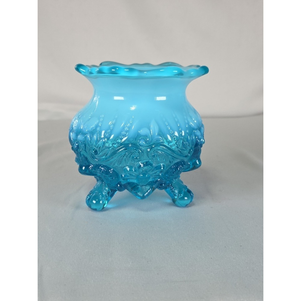 VTG Sowerby Blue Opalescent Piasa Bird Rose Glass Bowl‎ 4.5 Inches Tall.